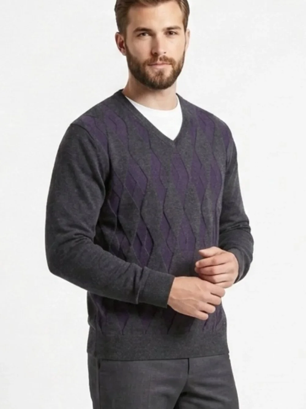 Vintage J FERRAR Cotton Cashmere V Neck Gray Purple Sweater Large
